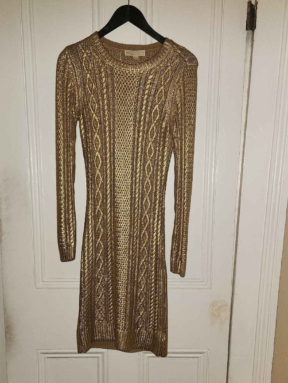 Michael Kors Metallic Gold Cable Knit Long Sleeve Dress